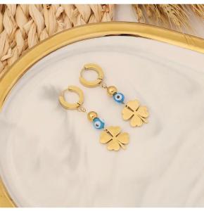 Paslanmaz Çelik Yonca Nazar Boncuklu Kadın Küpe